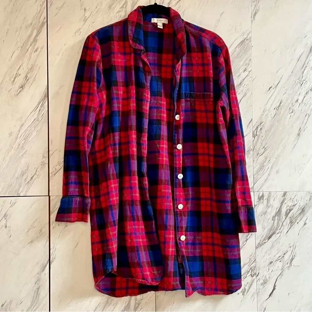 3/$50 J Crew Plaid Vintage Red Blue Cotton Button Down Flannel Shirt Tunic Small